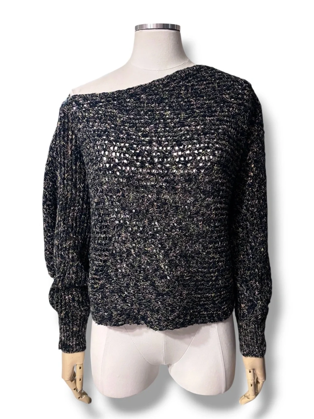 FREE PEOPLE Linen Blend Confetti Knit Boat Neck Off-The-Shoulder Crop Sweater